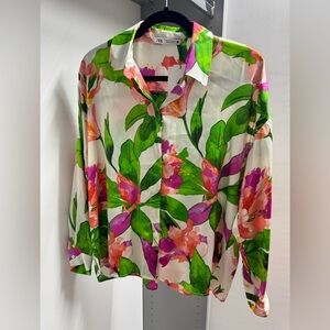 Zara Vibrant Floral Button Down Shirt - Green and Pink Size S new w/tags